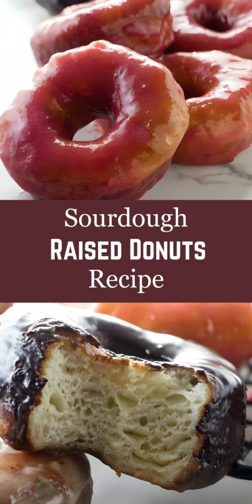 Close-up of glazed sourdough donuts, one bitten, with recipe text overlay.