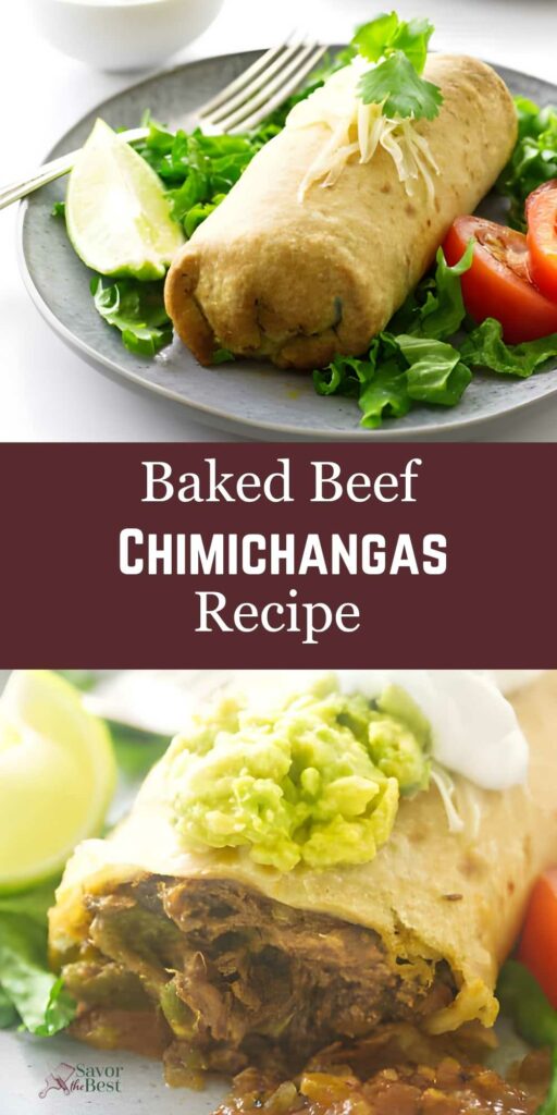 Baked beef chimichanga on lettuce, close-up topped with guacamole and sour cream.