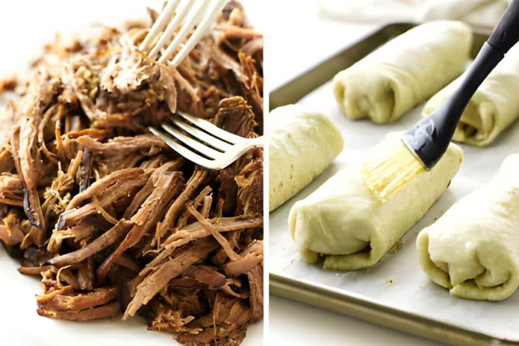 Shredded beef with forks; hand brushing butter on beef-filled tortillas.