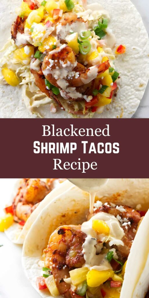 Two blackened shrimp tacos with mango salsa, cabbage, and bold recipe text.