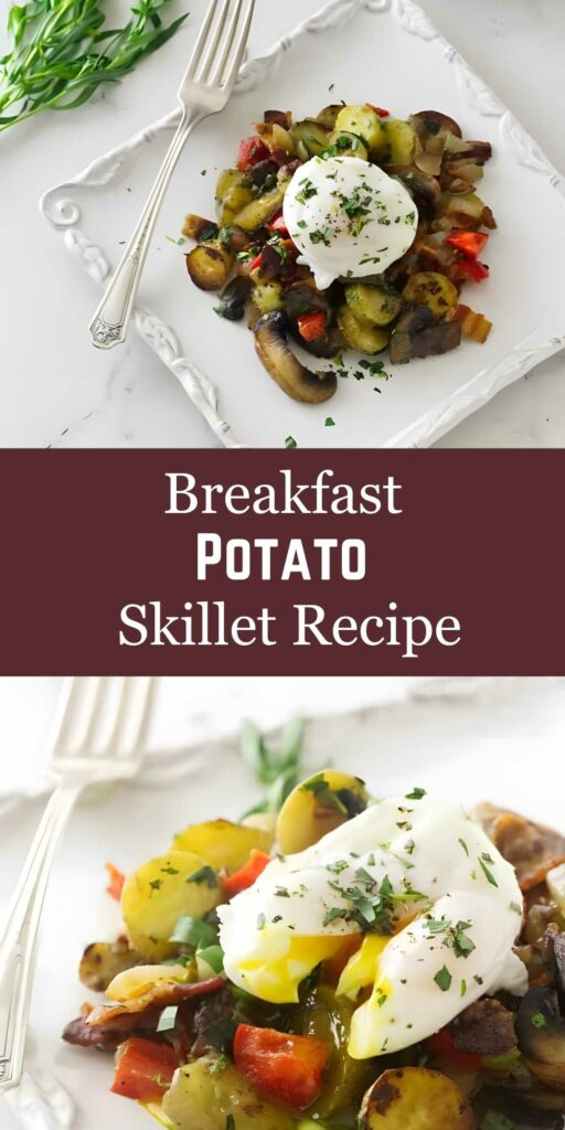Potato skillet breakfast with poached egg and herbs on white plate.