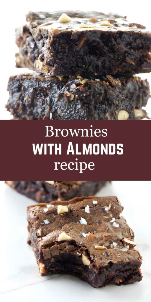 Stacked moist chocolate brownies with almonds, one with bite; recipe text centered.