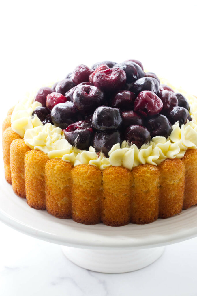 Cherry compote sauce on an almond sponge cake with mousseline.