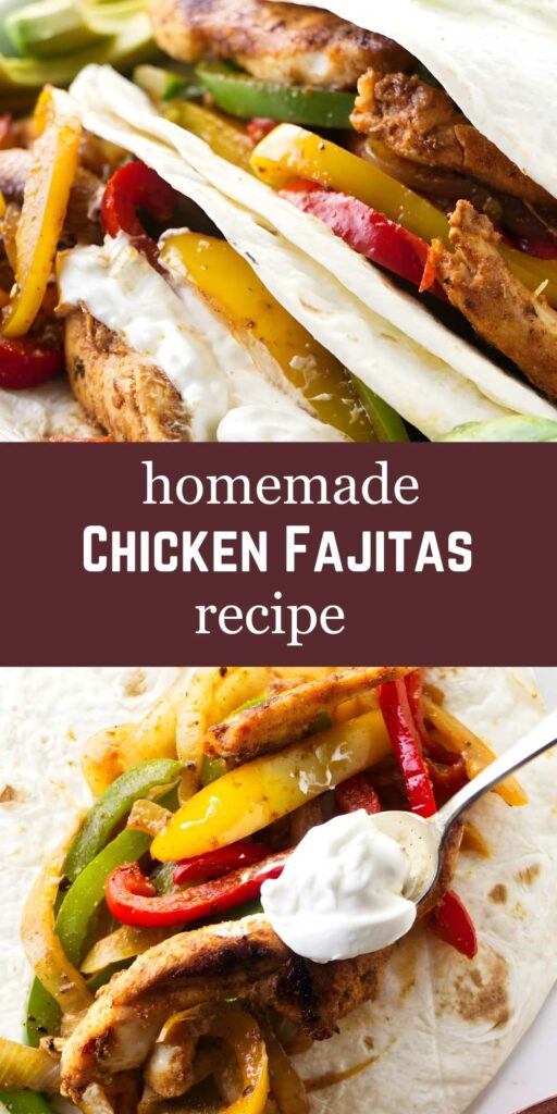 Chicken fajitas on a plate with sour cream.