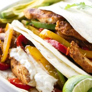 Chicken fajitas with grilled strips, colorful peppers, avocado, lime, and sour cream.