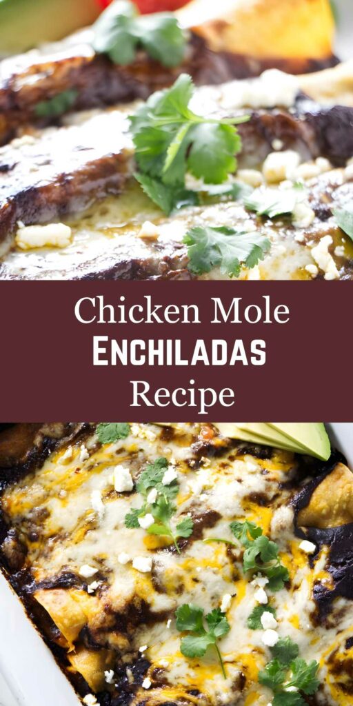 Close-up of cheesy chicken mole enchiladas with cheese, cilantro, recipe title.