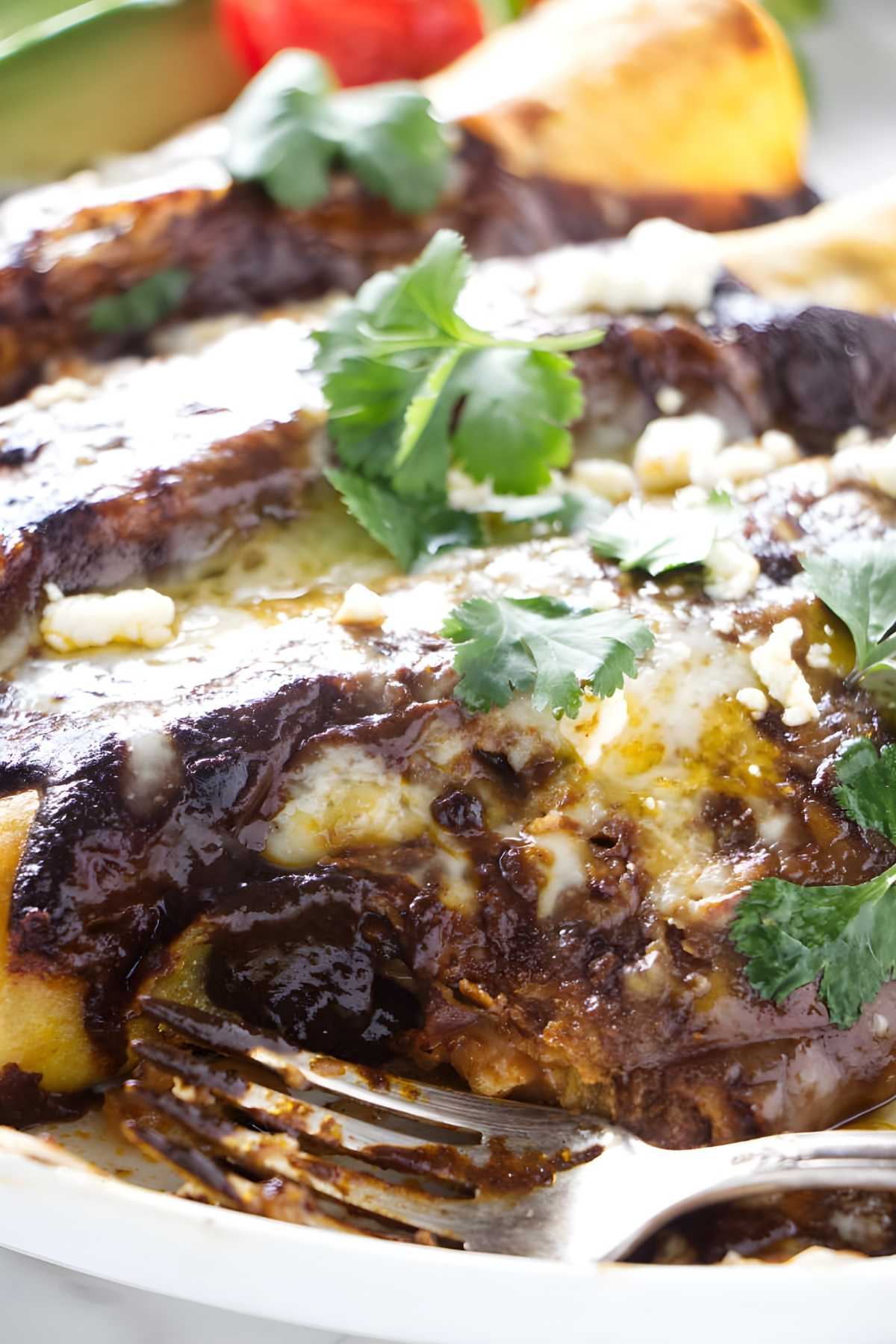 Close-up red mole enchiladas with shredded chicken on a plate.