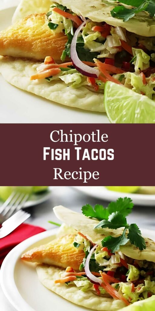 Two chipotle fish tacos with cabbage, carrots, and lime on plates.