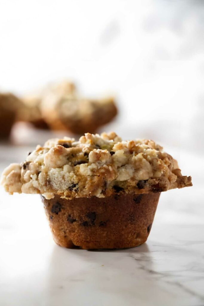 Close-up of chocolate chip muffin with streusel topping.