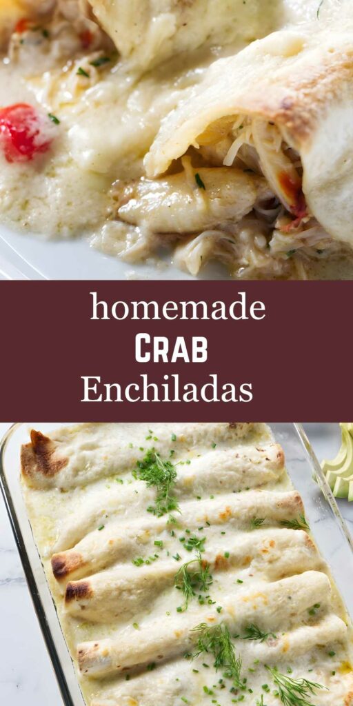 Close-up of creamy crab enchiladas topped with white sauce and herbs.