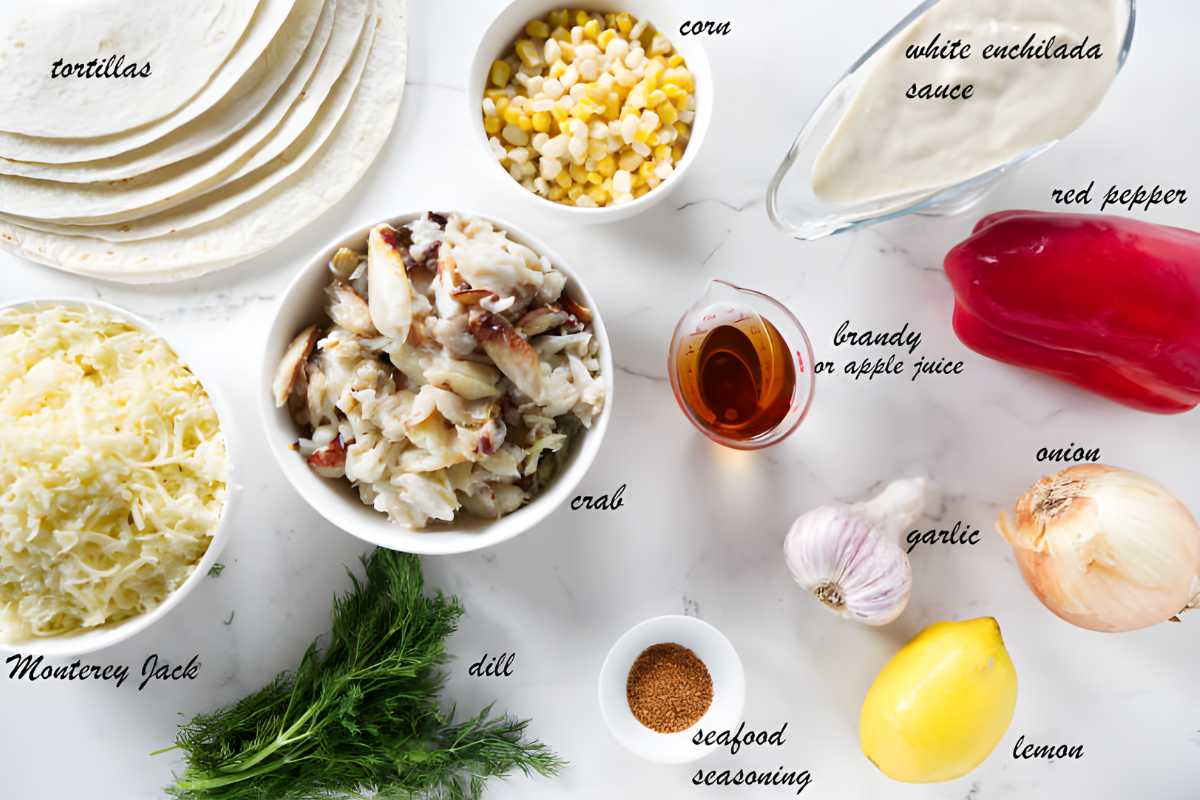 Assorted seafood enchilada ingredients arranged neatly on a white surface.
