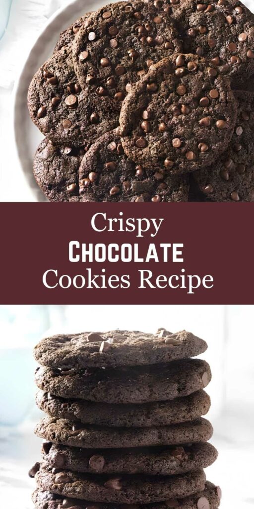 Plate and stack of thin crunchy chocolate cookies.