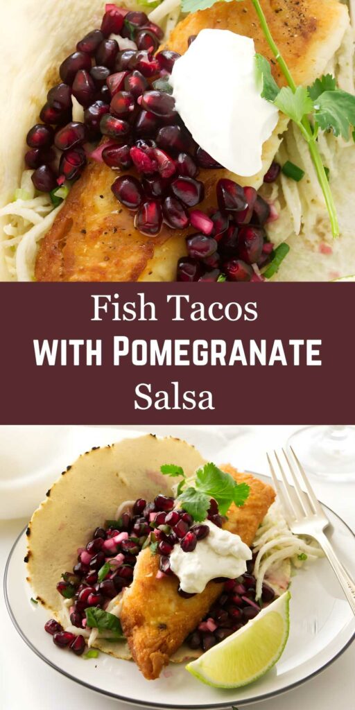 Crispy fish taco with pomegranate salsa, slaw, and lime wedge.