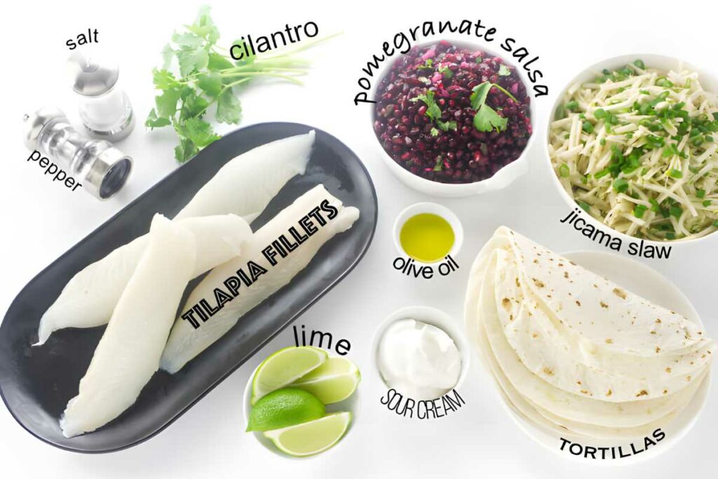 Tilapia taco ingredients arranged on white background, including fillets, slaw, salsa.