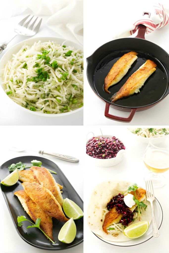 Fish taco preparation: rice bowl, skillet fish, plated fish, assembled taco.