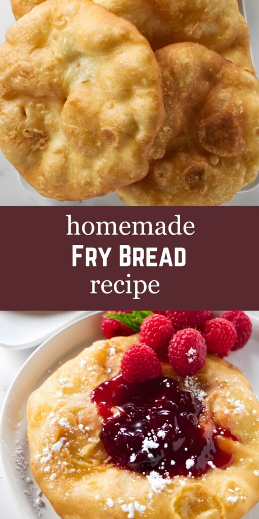 Golden fry bread plain and with jam, sugar, raspberries; recipe text overlay.