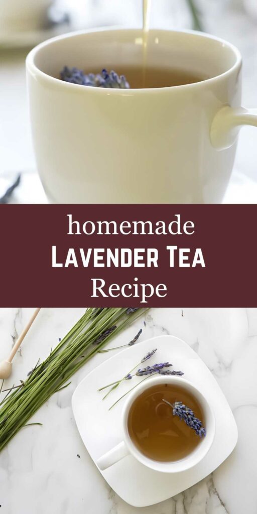 Cup of lavender tea with lavender sprigs and honey dipper on marble.