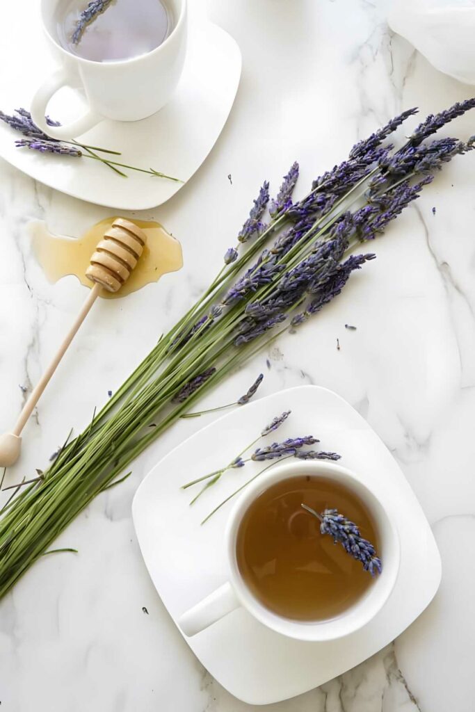 Marble table with lavender tea, honey, and lavender-decorated white teacups.