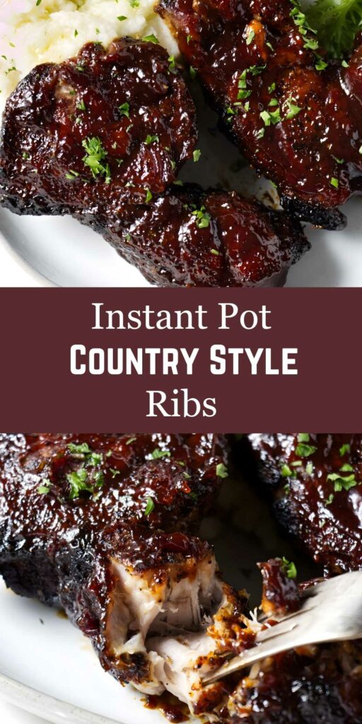 Close-up of glazed country-style ribs with parsley; text: Instant Pot Country Style Ribs.