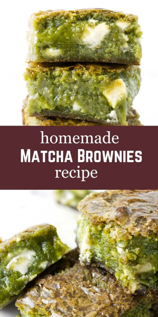Stack of green matcha brownies with white chocolate, text homemade MATCHA BROWNIES recipe.