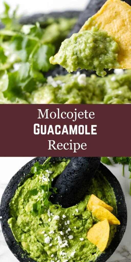 Tortilla chip scoops guacamole; molcajete bowl with garnished guacamole below.