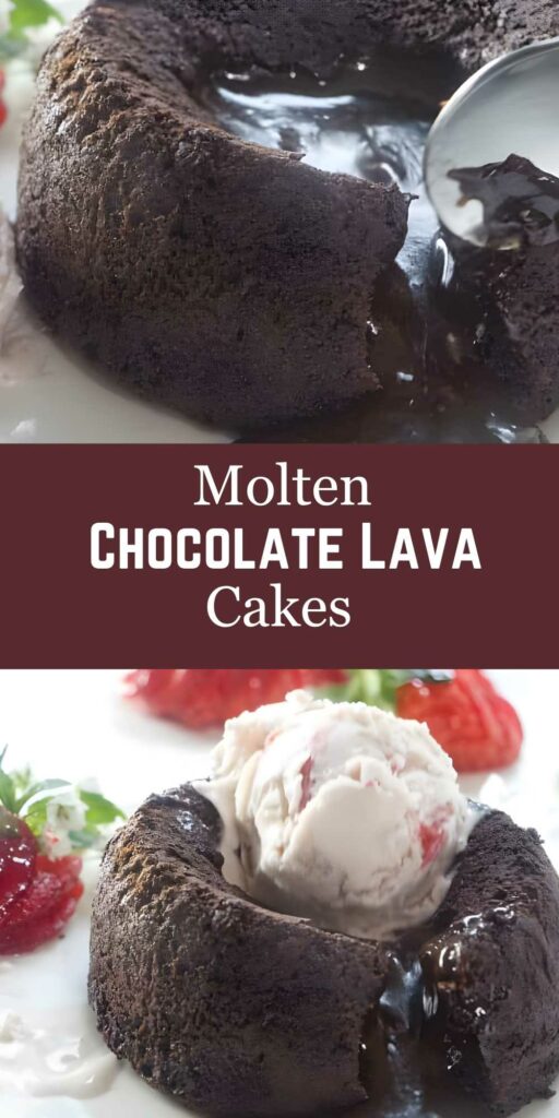 Molten chocolate lava cakes, one with oozing center, one with ice cream.