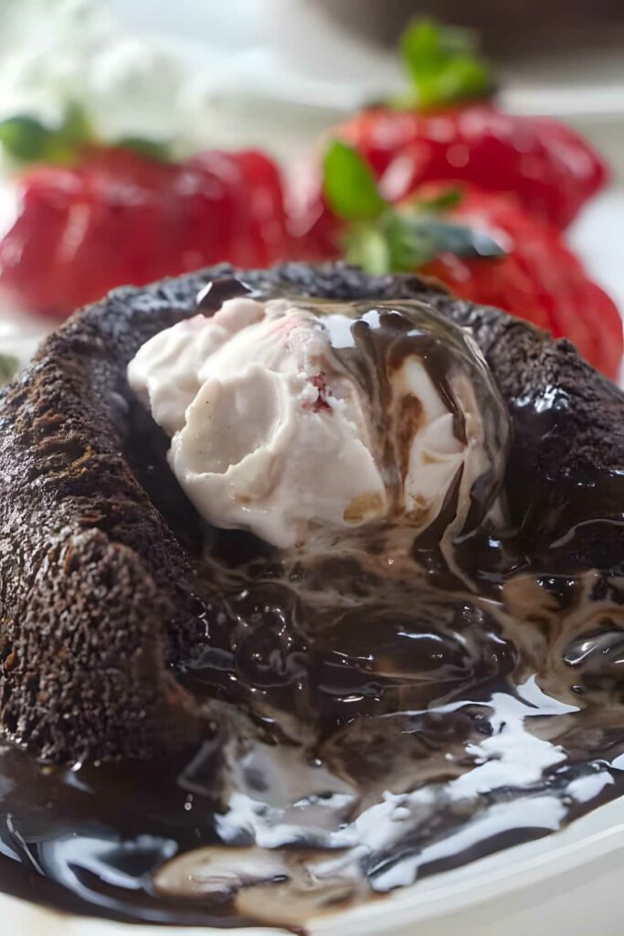 Chocolate lava cake with melting center, vanilla ice cream, and blurred strawberries.