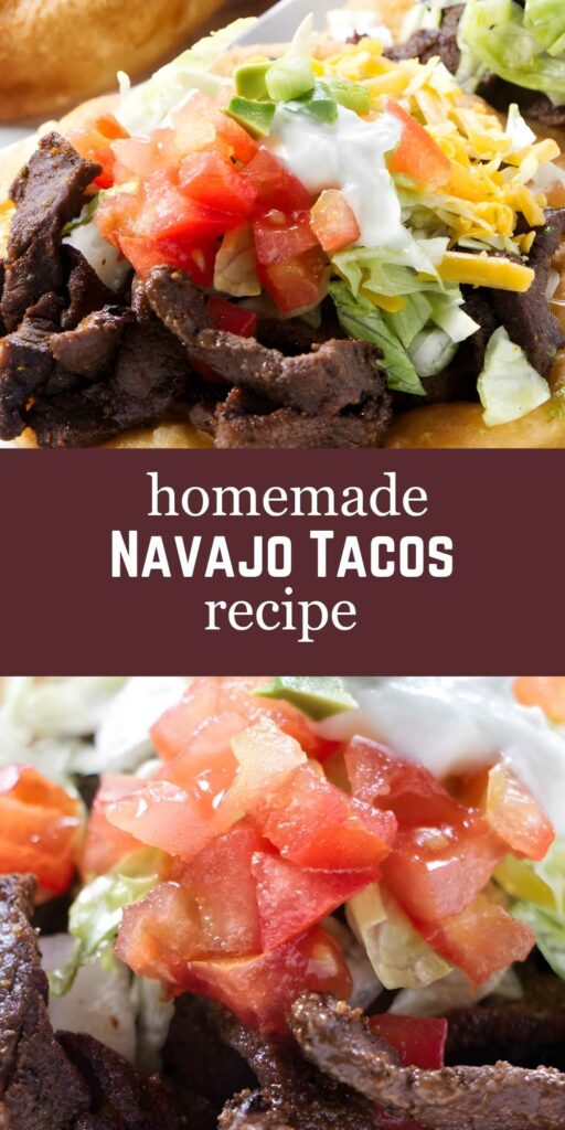 Close-up of Navajo tacos on fry bread with toppings and recipe text overlay.