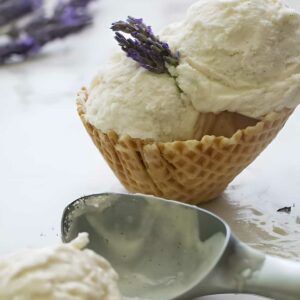 Vanilla lavender ice cream in waffle cup with lavender, scoop and lavender background.