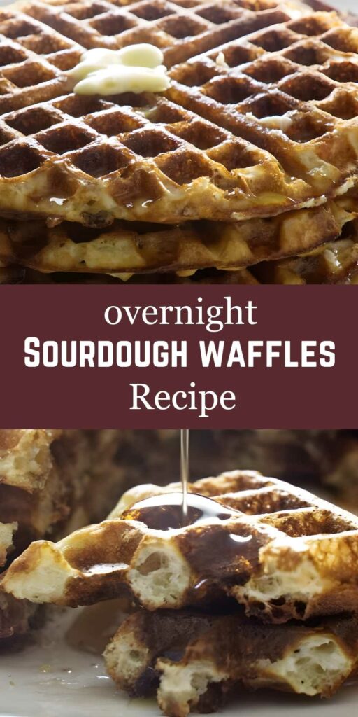 Stack of golden waffles with butter and syrup, recipe text overlayed.