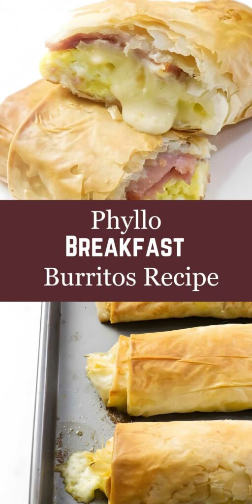 Golden phyllo breakfast burritos with cheesy ham filling, one sliced open.