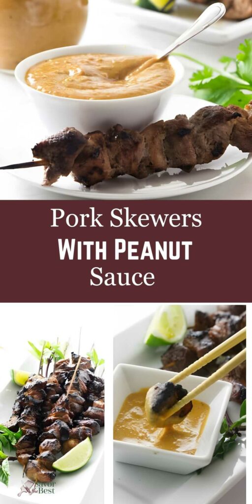 Grilled pork skewers with peanut sauce, herbs, and lime on white plates.
