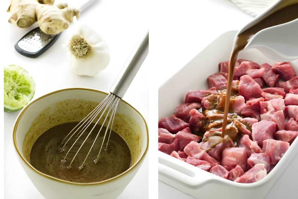 Marinade poured over raw cubed pork beside grated ginger and garlic.