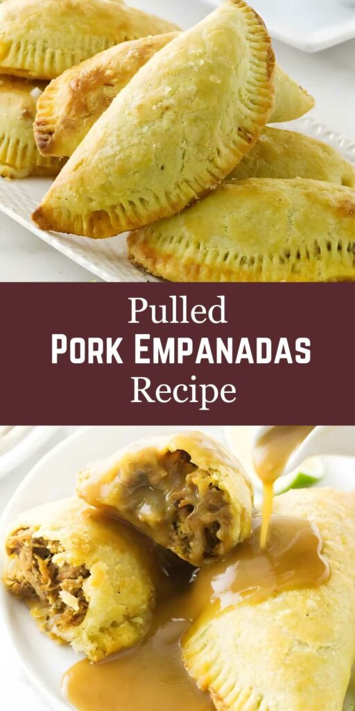 Plate of baked pork empanadas with gravy and Pulled Pork Empanadas Recipe text.