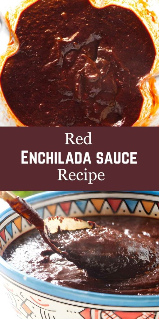 Close-up of red enchilada sauce in blender, bowl, and spoon, with text.