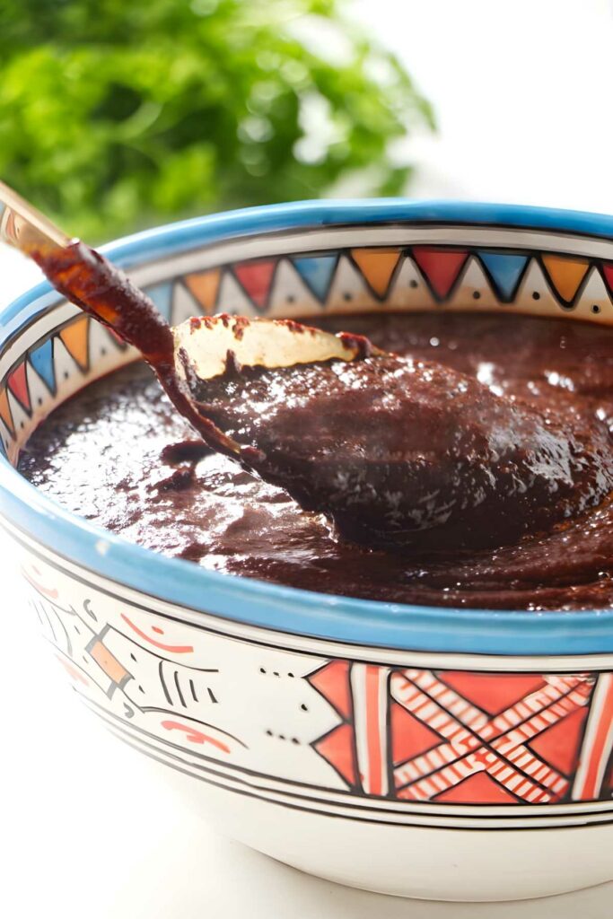 Spoon lifting red ancho chile sauce from colorful patterned bowl, herbs blurred behind.
