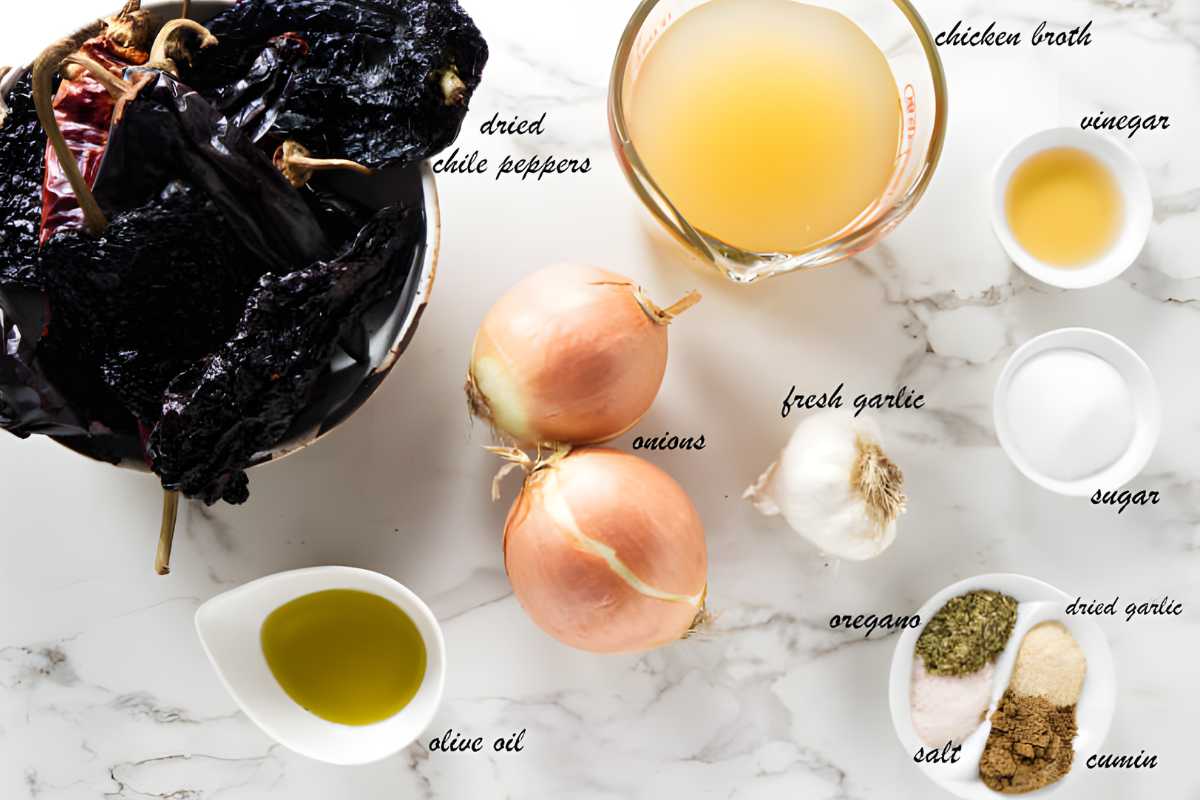 Labeled ingredients for a recipe arranged on a marble countertop.