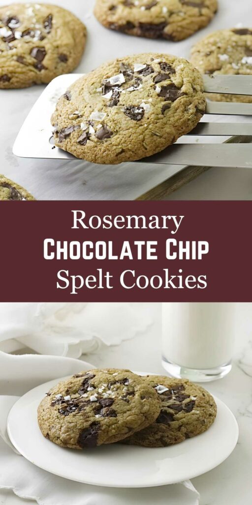 Chocolate chip spelt cookies with sea salt, milk, and text overlay.