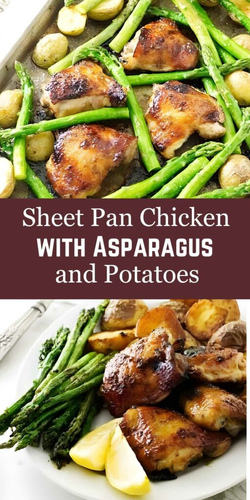 Baked chicken thighs, asparagus, and potatoes on tray with lemon wedges.