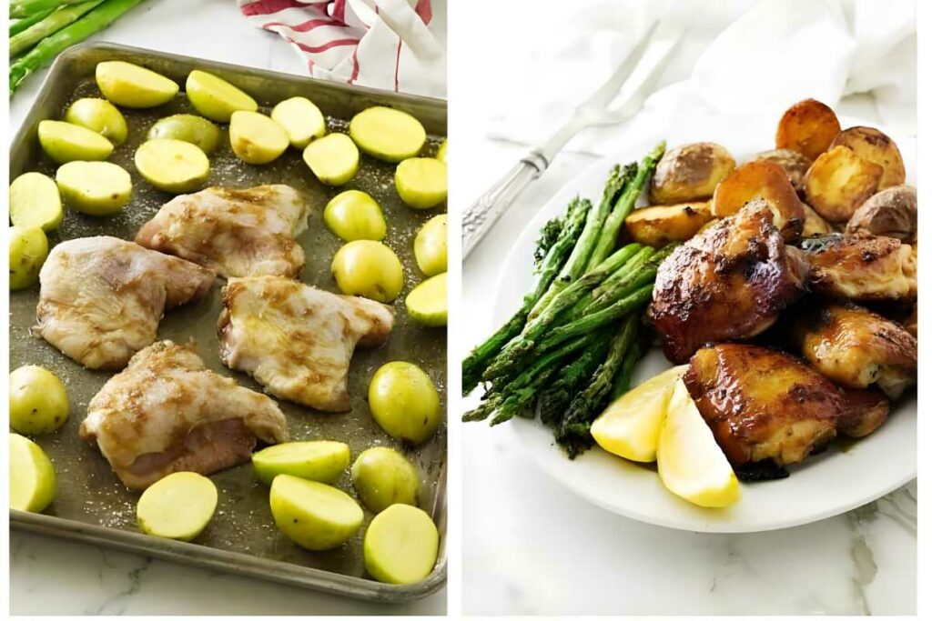 Raw chicken and potatoes on tray; cooked meal with asparagus and lemon.