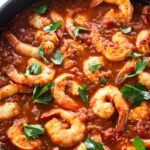 Spicy shrimp cooking in tomato sauce, topped with fresh parsley in skillet.