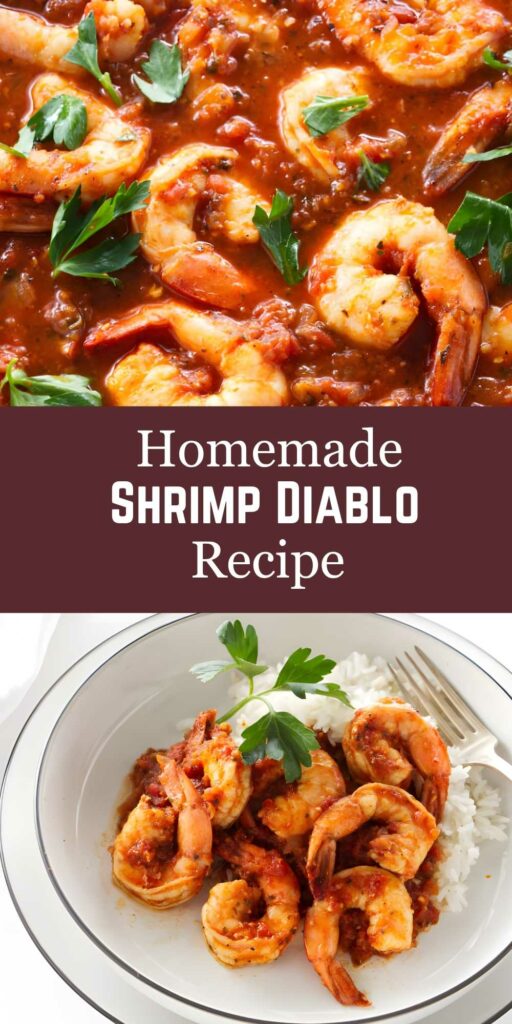 Close-up of Shrimp Diablo over rice, garnished with parsley. Recipe text.