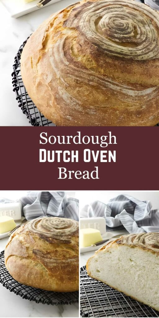 Round golden-brown sourdough loaf with spiral top, sliced to show airy crumb.