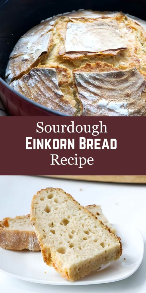 Round sourdough einkorn loaf with slices on plate, recipe text center.