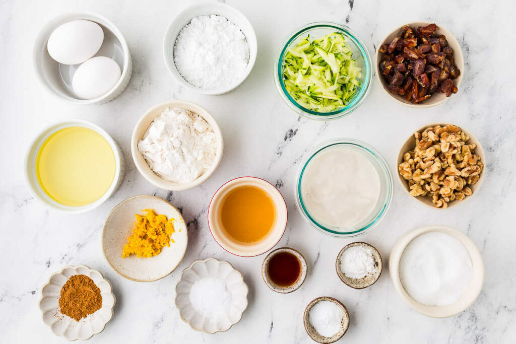 Ingredients used to make sourdough zucchini muffins with discard.