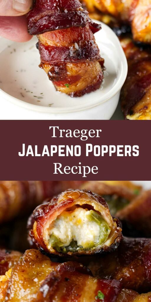 Bacon-wrapped jalapeño popper dipped in sauce, text overlay recipe.