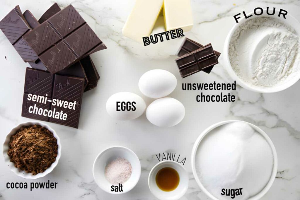 Labeled baking ingredients on marble: chocolate, butter, eggs, flour, cocoa, sugar.
