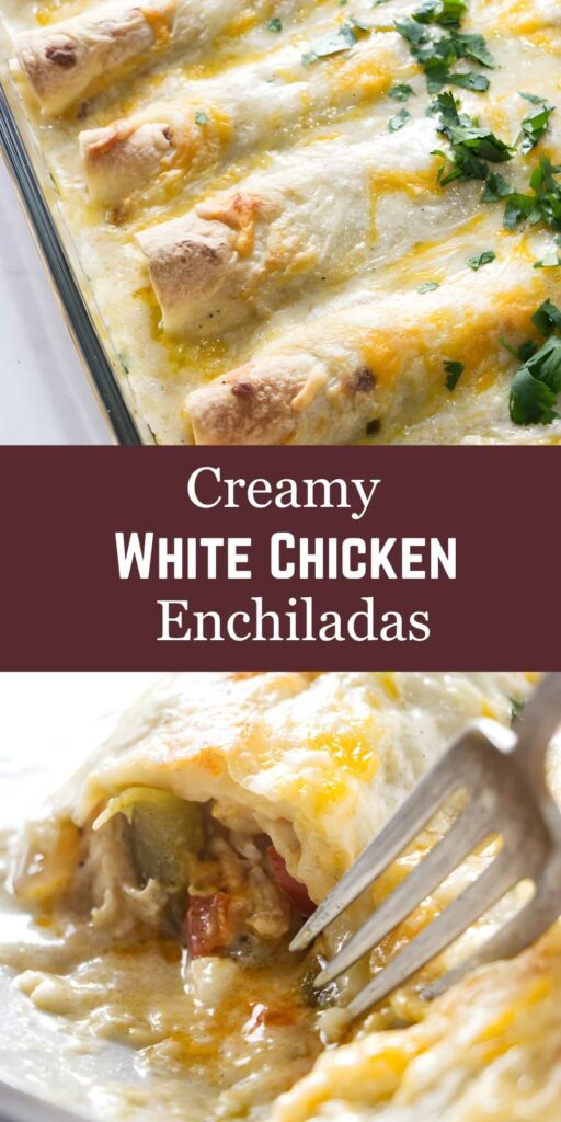 Creamy white chicken enchiladas in baking dish with cheese, fork cutting serving.