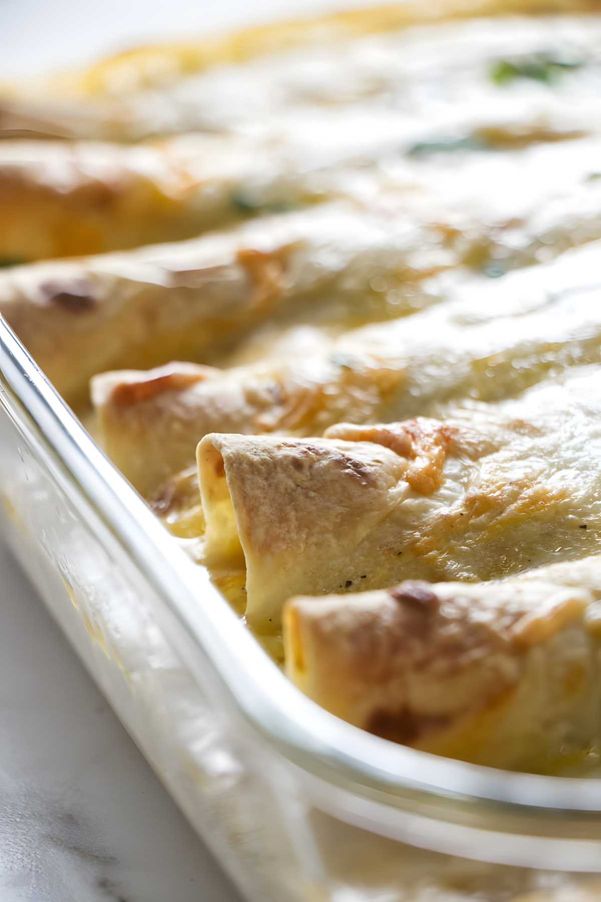 Close-up of chicken enchiladas with sour cream sauce in a casserole dish.