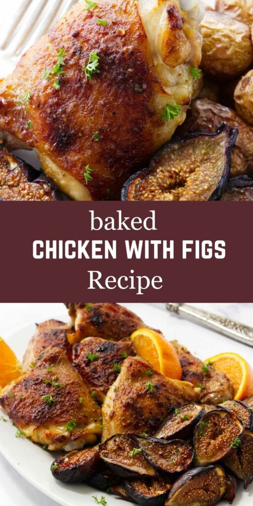 Baked chicken and figs with oranges on a plate.